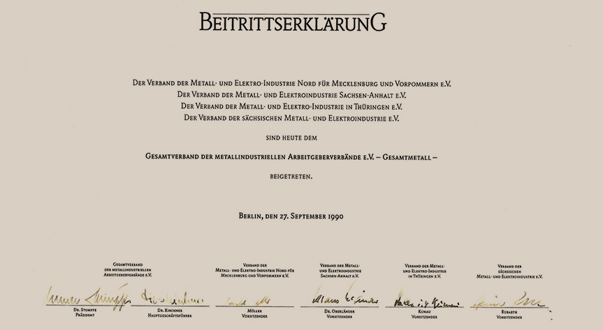 Beitrittserklärung der ostdeutschen M+E-Verbände zu Gesamtmetall 1990