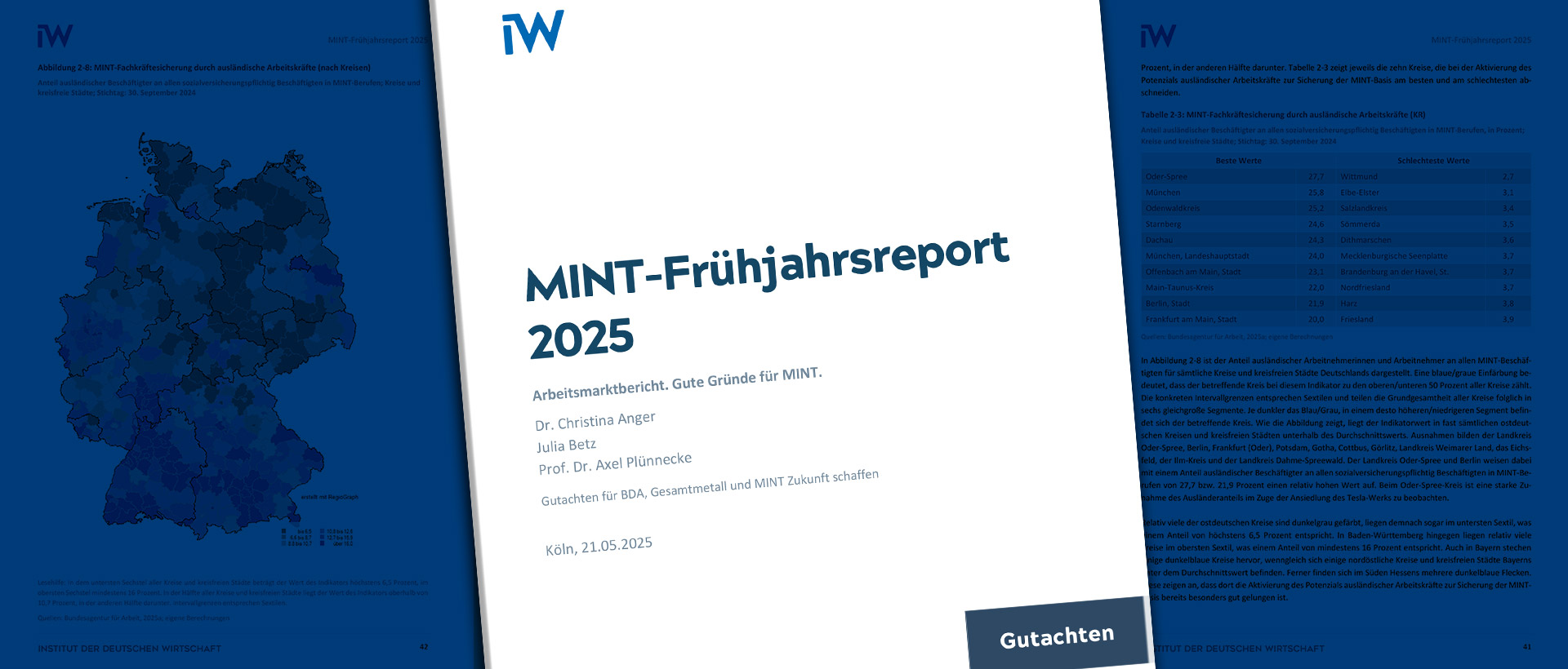 Das Bild zeigt den neuen MINT-Frühjahrsreport 2025. 163.600 MINT-Arbeitsplätze können aktuell nicht besetzt werden.