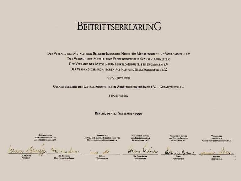 Beitrittserklärung der ostdeutschen M+E-Verbände zu Gesamtmetall 1990