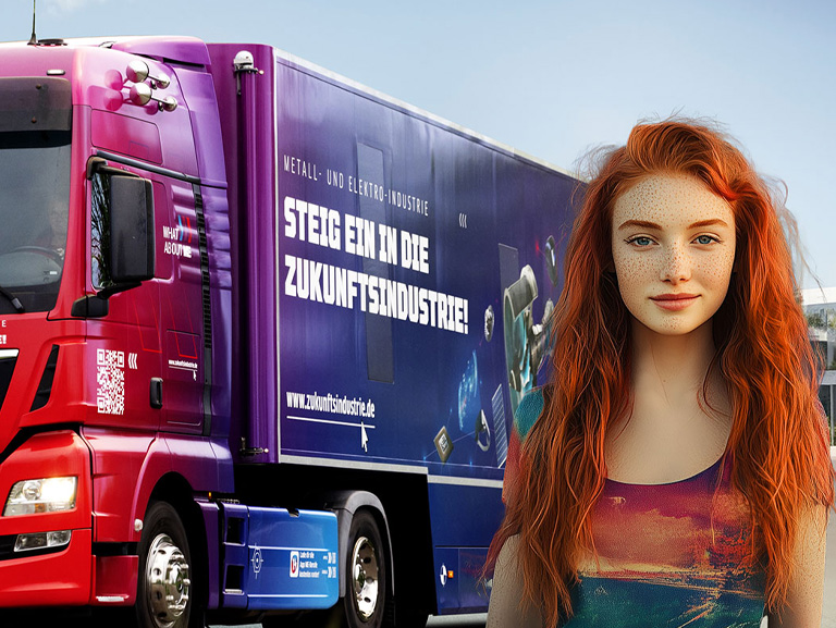 rothaariges Mädchen vor M+E-Truck