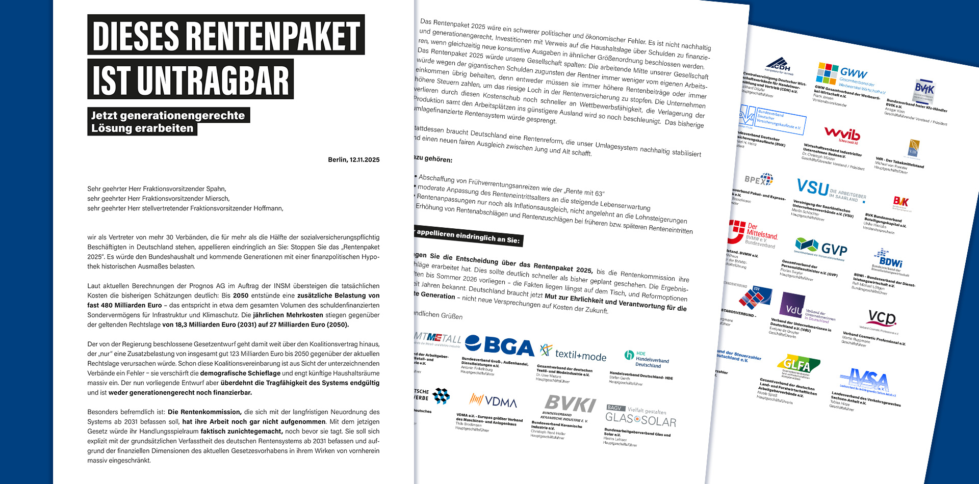 Das Bild zeigt den Brandbrief von zahlreichen Wirtschaftsverbänden zum Rentenpaket.