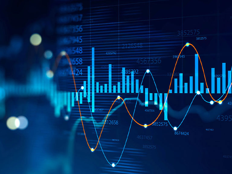 Zahlen und Graphen aus der Volkswirtschaft sowie ein Standortsymbol in den Deutschlandfarben