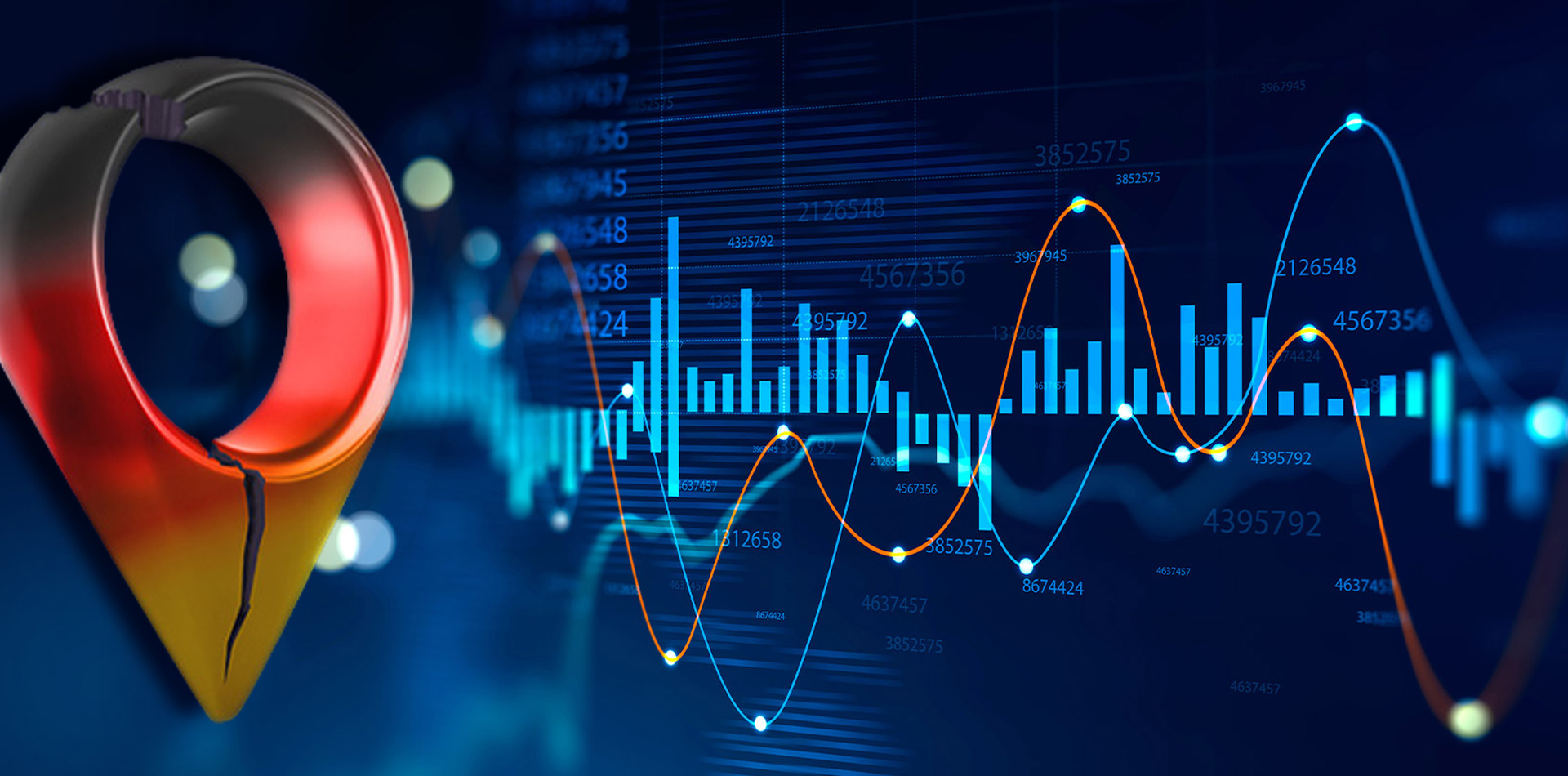 Zahlen und Graphen aus der Volkswirtschaft sowie ein Standortsymbol in den Deutschlandfarben Zahlen und Graphen aus der Volkswirtschaft sowie ein Standortsymbol in den Deutschlandfarben
