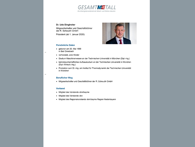 Vita Designierter Gesamtmetall-Präsident Dr. Udo Dinglreiter