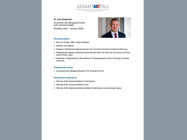 biography of the designated Gesamtmetall President Dr. Udo Dinglreiter